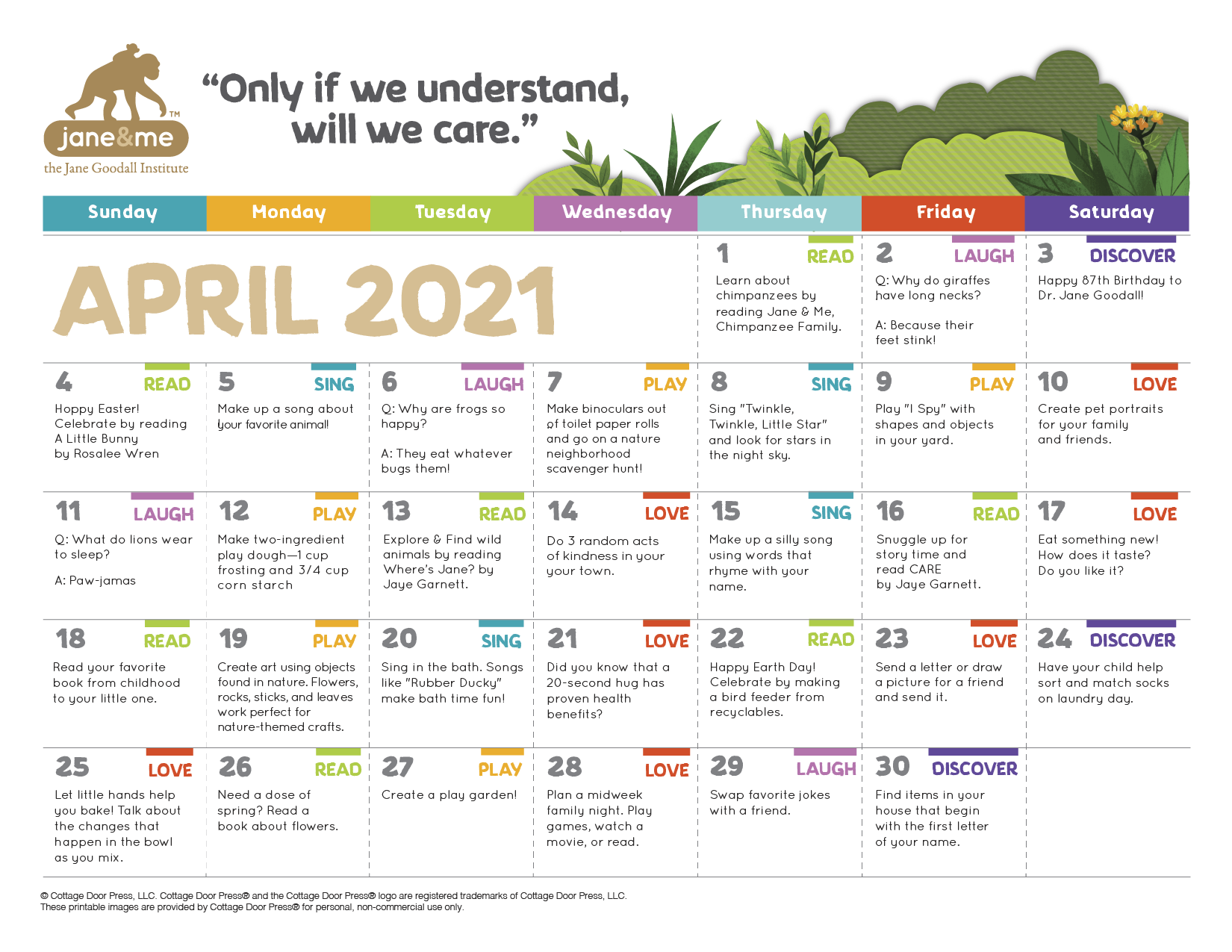 Jane & Me April 2021 Activity Calendar